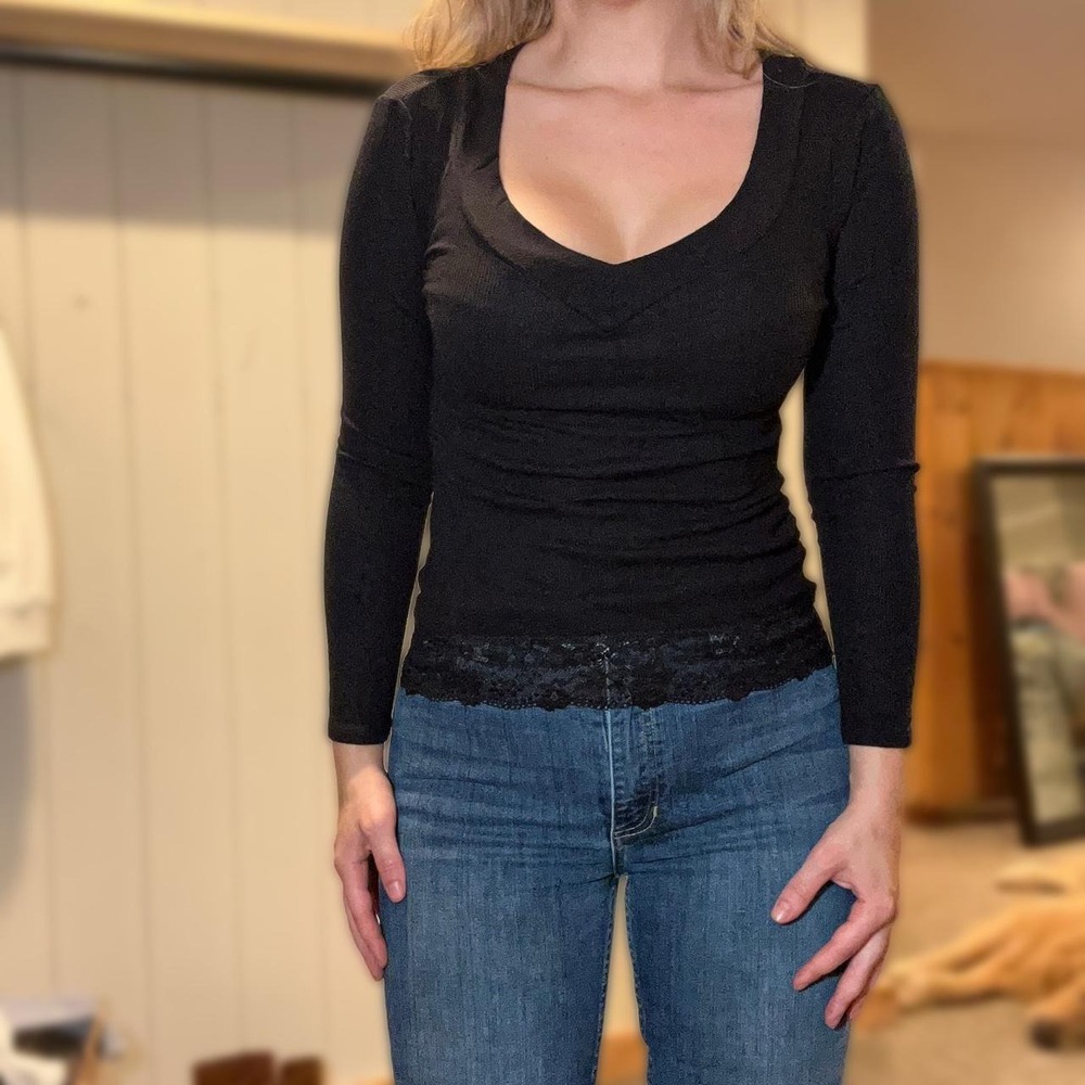 Y2K black V-neck long sleeve with delicate lace trim and romantic-goth feel